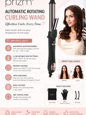 Prism Automatic Rotating Curling Iron 1” Nano Titanium - Rose Gold - LCD Curler